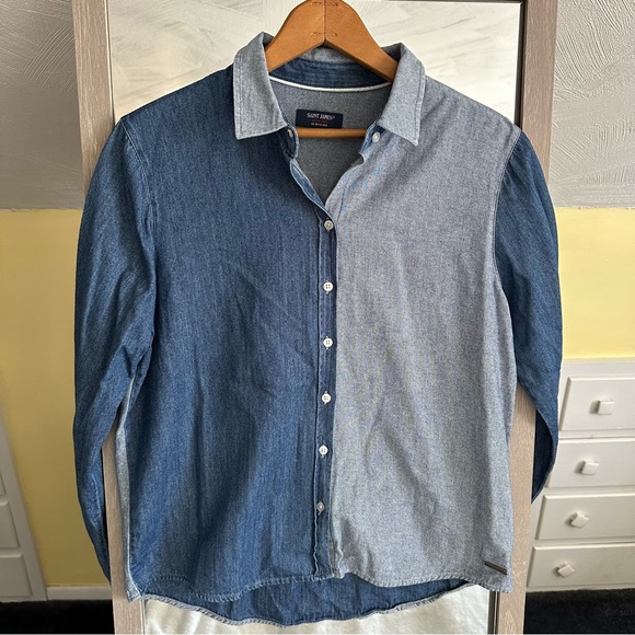 Saint James Tops - Saint James Split Denim Button Down Shirt Made In France Size 8 Collared Y2K